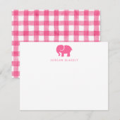 Correspondance Carte de note bébé, gingham éléphant rose plat (Devant / Derrière)