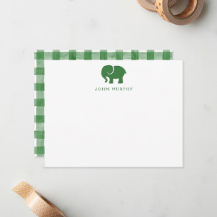 Correspondance Carte de note bébé, gingham éléphant vert plat