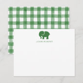 Correspondance Carte de note bébé, gingham éléphant vert plat (Devant / Derrière)