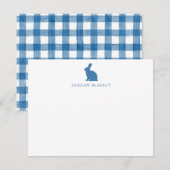 Correspondance Carte de note bébé, gingham lapin bleu plat (Devant / Derrière)