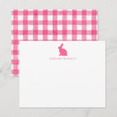 Correspondance Carte de note bébé, gingham lapin rose plat (Devant / Derrière)