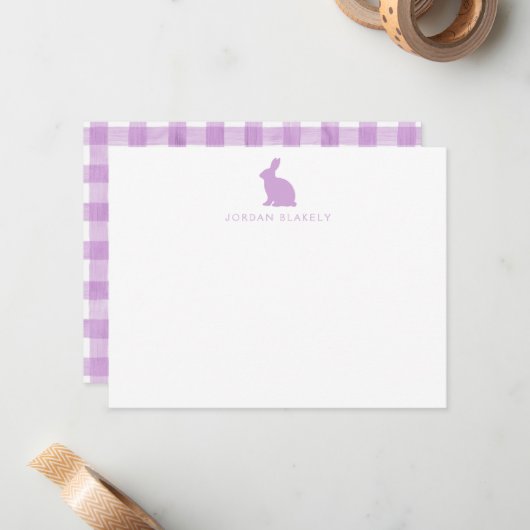 Correspondance Carte de note bébé, gingham lapin violet plat (Devant/Arrière en situation)