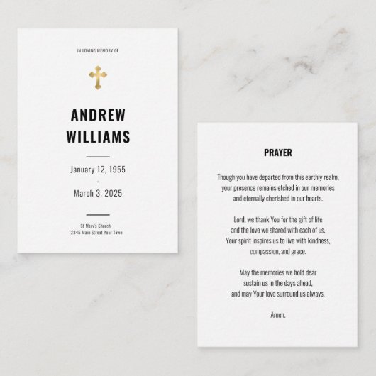 Correspondance Carte de prière funéraire simple noir et blanc (Devant / Derrière)