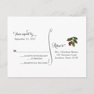 Correspondance Carte de réponse de mariage au houx de Noël