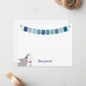 Correspondance Carte de vœux enfantine Requin sarcelle et bleu (Devant/Arrière en situation)