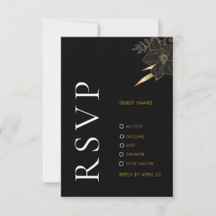 Correspondance Carte RSVP de mariage moderne Black Gold Floral él