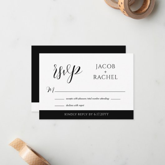 Correspondance Carte RSVP de mariage noir & blanc moderne Script (Devant/Arrière en situation)