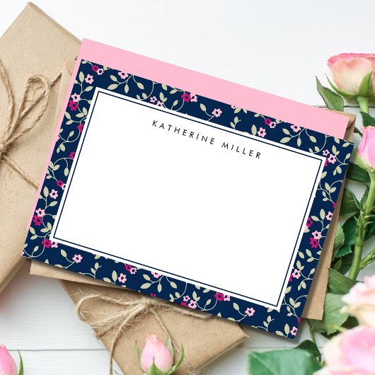 Correspondance Elégante carte de note marine et rose florale