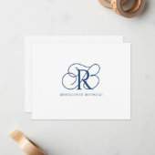 Correspondance Élégante carte de note plat Monogramme Bleu (Devant/Arrière en situation)
