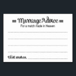 Correspondance Fabriquée Dans Les Cartes De Consei<br><div class="desc">Ces cartes de conseil mariage chéri seront le complément parfait à votre réception de mariage. Ce design combine des polices noires et les mots "Conseil de mariage pour un match fait au Ciel". La carte permet aux clients de laisser leur avis et leur nom.</div>