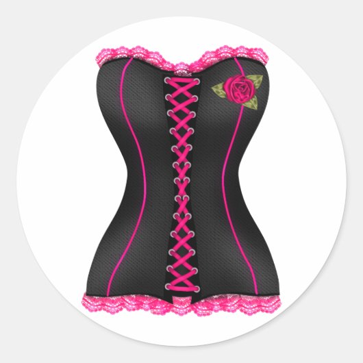 Corset Zwart Roze roos Ronde Sticker (Voorkant)