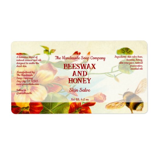 Cosmetics Jar Label - Honeybee & Flowers 2 (Voorkant)
