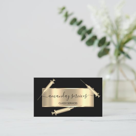 Cosmetologist Spuit Botox B12 QRCode Black Visitekaartje (Staand voorkant)