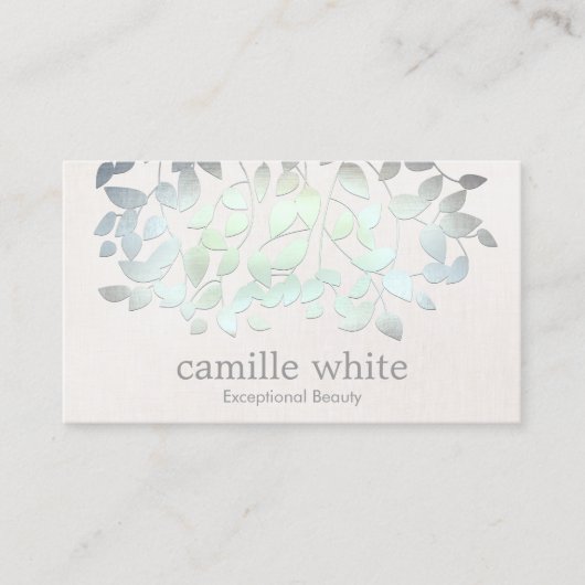 Cosmetology Spa Blue Green Leaves Linen look Visitekaartje (Voorkant)