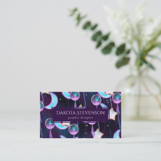 Cosmic Balloons | Blauwe Paarse moonsterstrippen Visitekaartje (Staand voorkant)