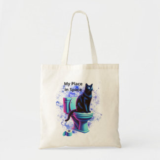 Cosmic Black Cat Toilet – Surrealistische Vaporwav Tote Bag