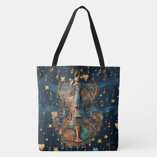 Cosmic Blue and Gold Rococo Violin Large Tote Draagtas (Voorkant)