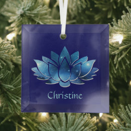 Cosmic Blue Galaxy Lotus Flower met naam Glas Ornament
