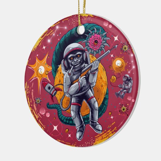 Cosmic Capers: Rondapen in de retro-ruimte Keramisch Ornament (Links)