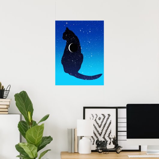 Cosmic Cat in sterren en Crescent Moon Pattern Poster (Thuiskantoor)