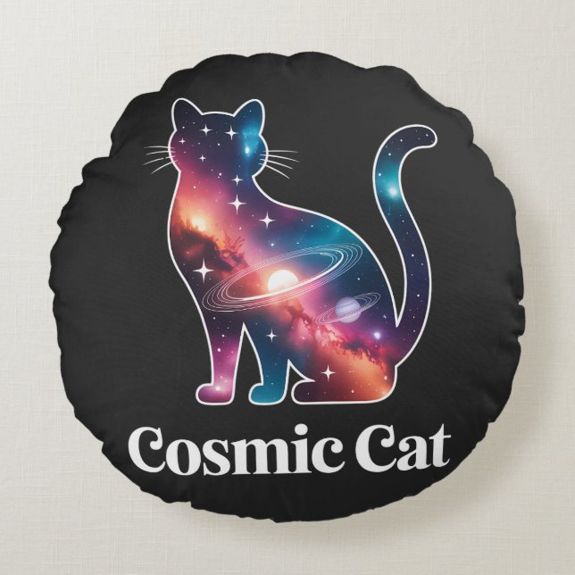 Cosmic Cat Silhouette Galaxy Space Stars Celestial Rond Kussen (Voorkant)