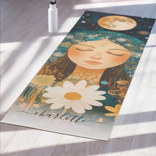 Cosmic Girl Boho Moon & Daisy Illustration Custom Yogamat