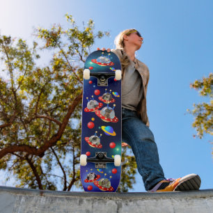 Cosmic Kittens in Alien Spaceship UFO Sci-fi Scene Skateboard