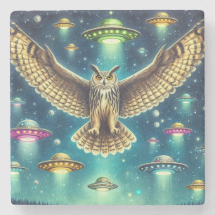 Cosmic Owl Nightscape - UFO's in de lucht Stenen Onderzetter