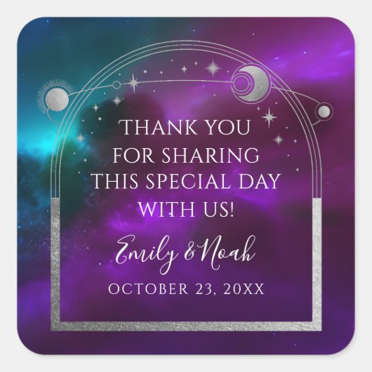 Cosmic Paars Teal Zilver Zon Maan Bruiloft Vierkante Sticker (Voorkant)