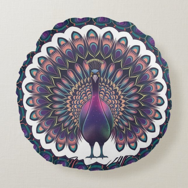 Cosmic Peacock Mandala Sierkussen Rond Kussen (Voorkant)