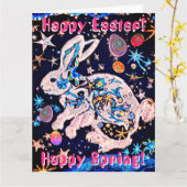 Cosmic Rabbit in Sky met sterren en eieren Kaart (Gele Bloem)