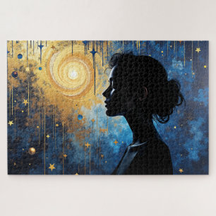 Cosmic Silhouette - Vrouw in een Gouden Draaikolk Legpuzzel