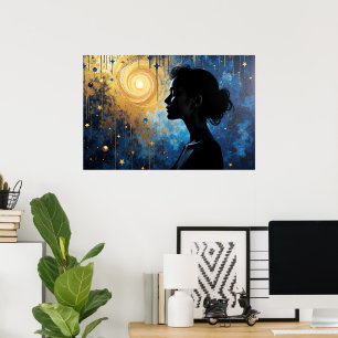 Cosmic Silhouette - Vrouw in een Gouden Draaikolk Poster