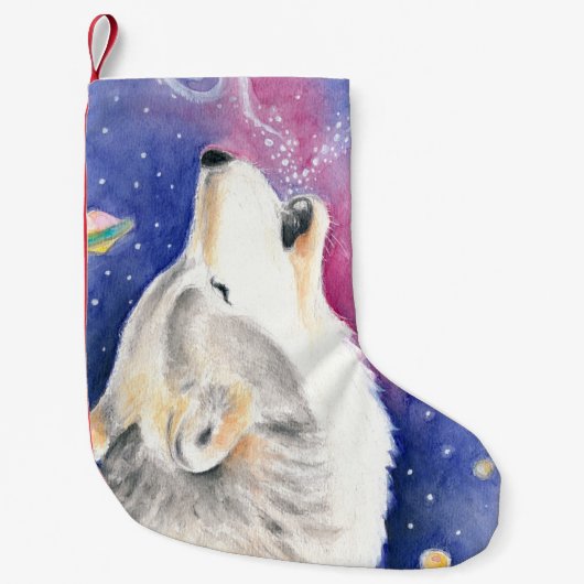 Cosmic Wolf Waterverf Art Kleine Kerstsok (Voorkant)