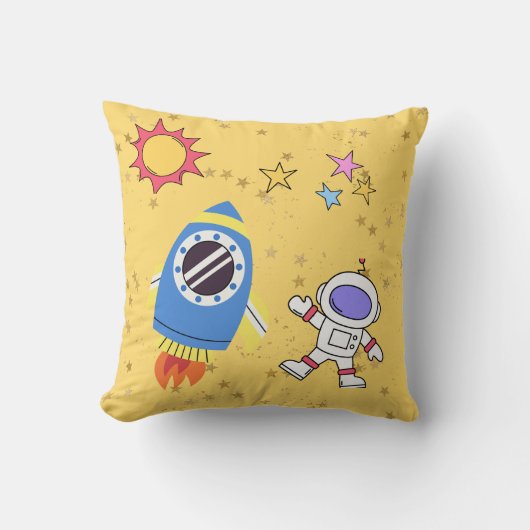Cosmic World Astronaut and Space Rocket Yellow Kussen (Voorkant)