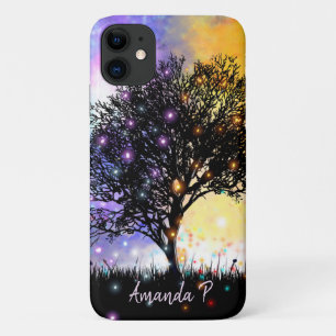 Cosmische regenbooghemd met zwarte silhouette boom iPhone 11 hoesje