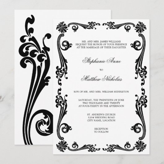 Cosmopolitan Flourish Swirls Wedding Kaart (Voorkant / Achterkant)