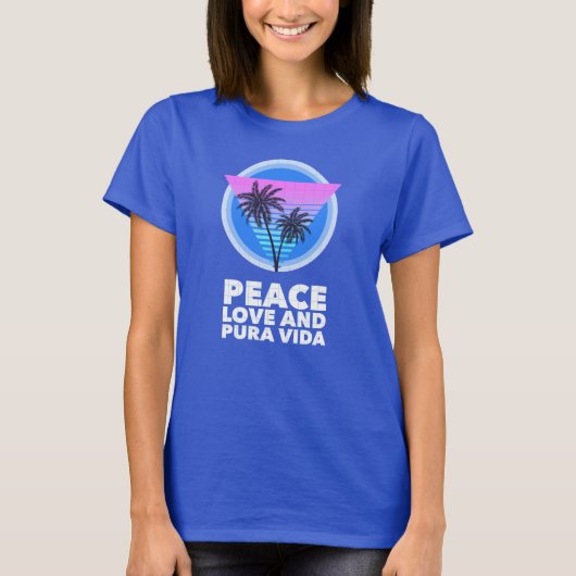 Costa Rica 80's Peace Love and Pura Vida Palm Tree T-shirt (Voorkant)
