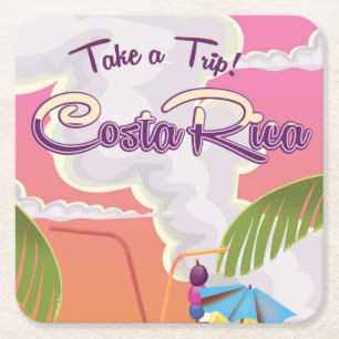 Costa Rica Cartoon reisposter. Vierkante Kartonnen Onderzetter