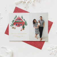 Cosy Aquarelle Rouge Hiver Cottage Joyeux Vacances