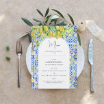 Côte d'Amalfi | Menu Carreaux de citron méditerran<br><div class="desc">Belles cartes de menu pour compléter vos réglages de table à votre mariage ou à la prochaine soirée de dîner. De beaux carreaux aquarelles, des citrons et de la verdure ornent ce menu élégant qui est entièrement personnalisable. Collines au coucher du soleil, oliveraies, citronniers et vin blanc. Cette palette apporte...</div>