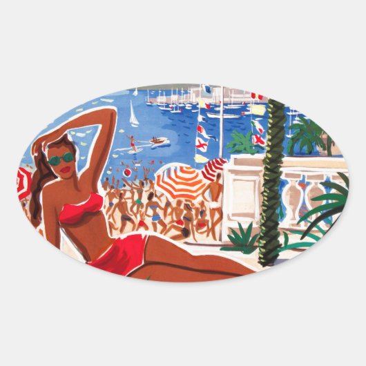  Cote D'Azur Beach Girl Ovale Sticker (Voorkant)