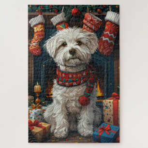 Coton De Tulear-hond met kerstcadeaus bij de open  Legpuzzel