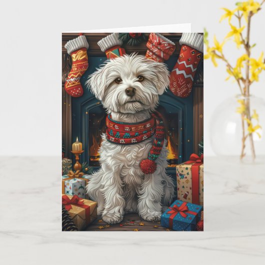 Coton de Tulear hond met kerstcadeaus open haard Kaart (Gele Bloem)