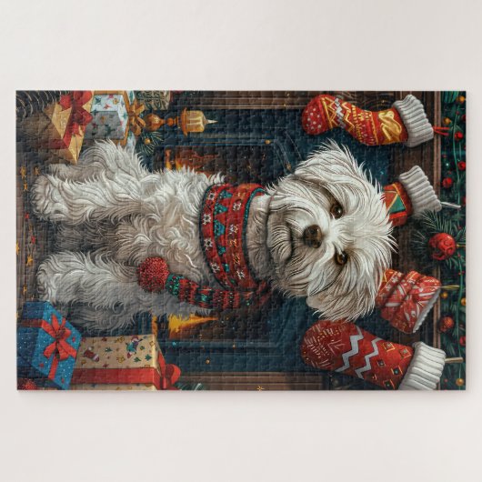 Coton de Tulear hond met kerstcadeaus open haard Legpuzzel (Horizontaal)