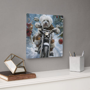 Coton De Tulear Hond Rijden Motorfiets Kerstmis Vierkante Klok