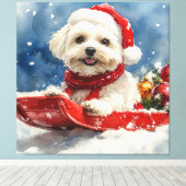 Coton De Tulear in Sledge Laat het Sneeuw Kerstmis Canvas Afdruk (Insitu (Houten vloer))