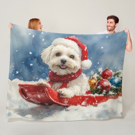 Coton De Tulear in Sledge Laat het Sneeuw Kerstmis Fleece Deken (In situ)