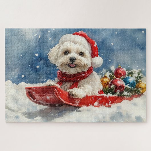 Coton De Tulear in Sledge Laat het Sneeuw Kerstmis Legpuzzel (Horizontaal)