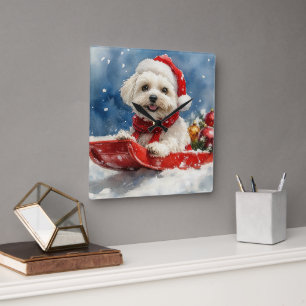 Coton De Tulear in slee Let it Snow Kerstmis Vierkante Klok